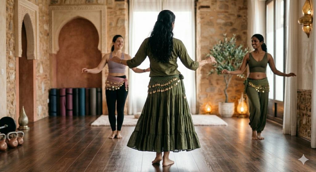Profesora de danza oriental liderando una clase de bienestar frente a alumnas, mostrando el contraste entre el baile y el gimnasio con Emperatriz Bellydance.