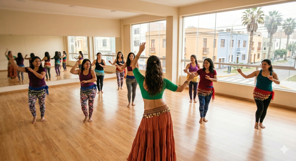 Grupo de alumnas disfrutando de una clase presencial de danza árabe en Pueblo Libre, Lima, con elementos coloridos y ambiente de bienestar.