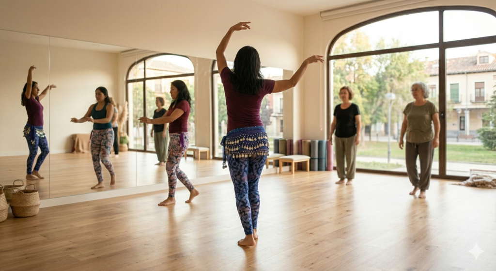 Clase presencial de danza árabe enfocada en la postura y la salud pélvica en Pueblo Libre, Lima, Perú