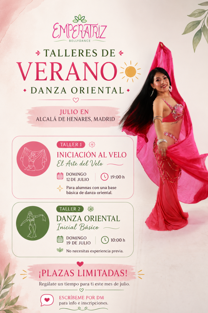Cartel de los talleres de verano de danza oriental en Alcalá de Henares de Emperatriz Bellydance