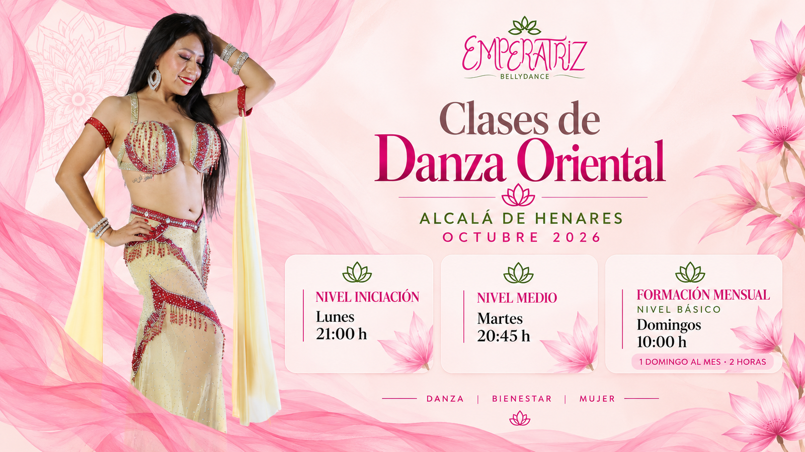 Cartel de clases de danza oriental en Alcalá de Henares con horarios de iniciación, medio y formación mensual.